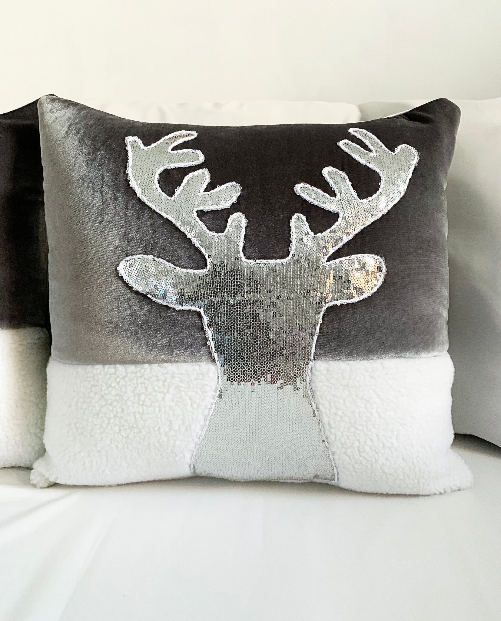 Silver and White Reindeer Christmas Pillow Cover  (Set of 2)