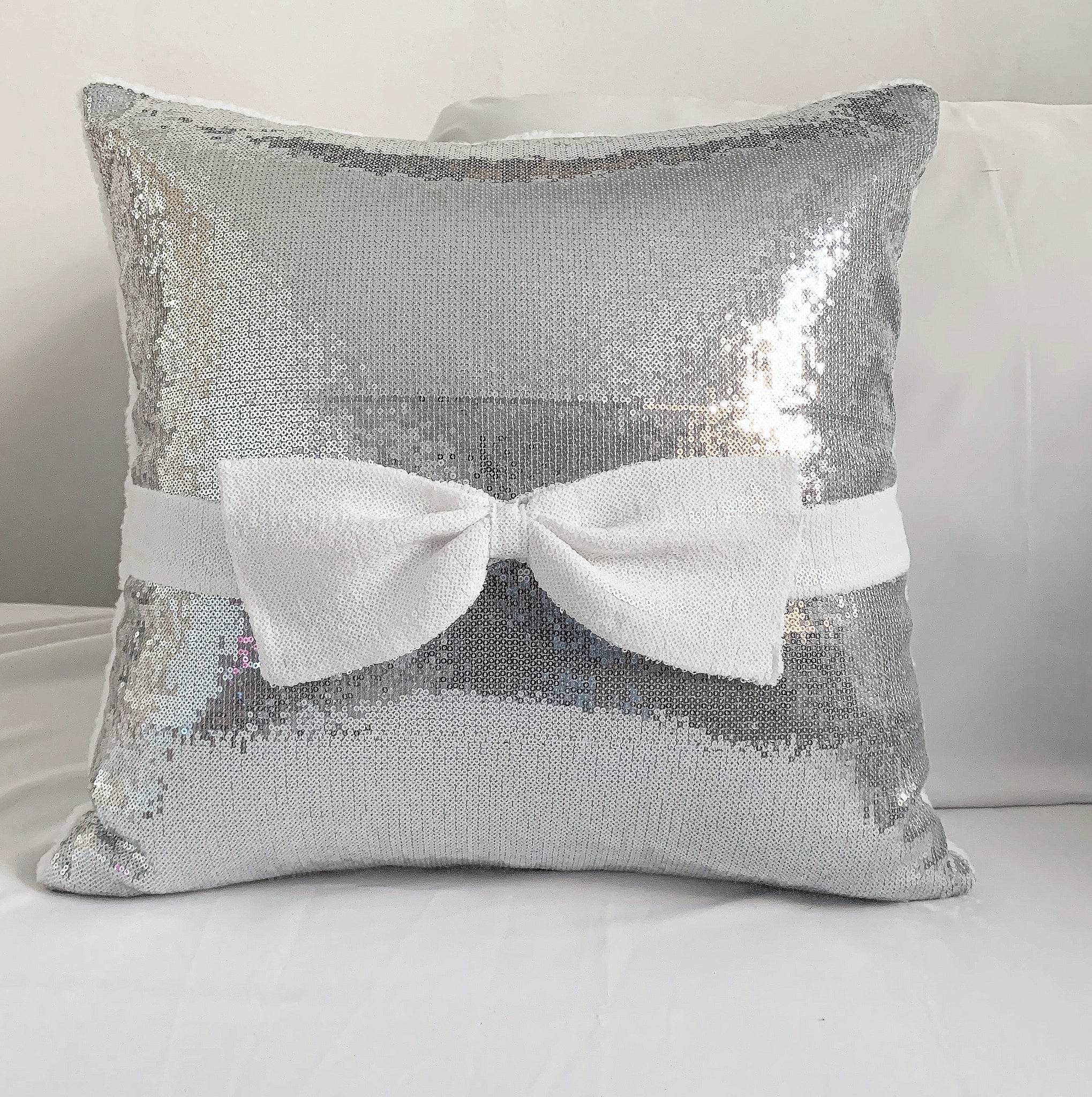 Silver and White Sequins Bow Christmas Pillow Cover (Set of 2)