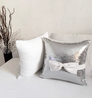 Silver and White Sequins Bow Christmas Pillow Cover (Set of 2)