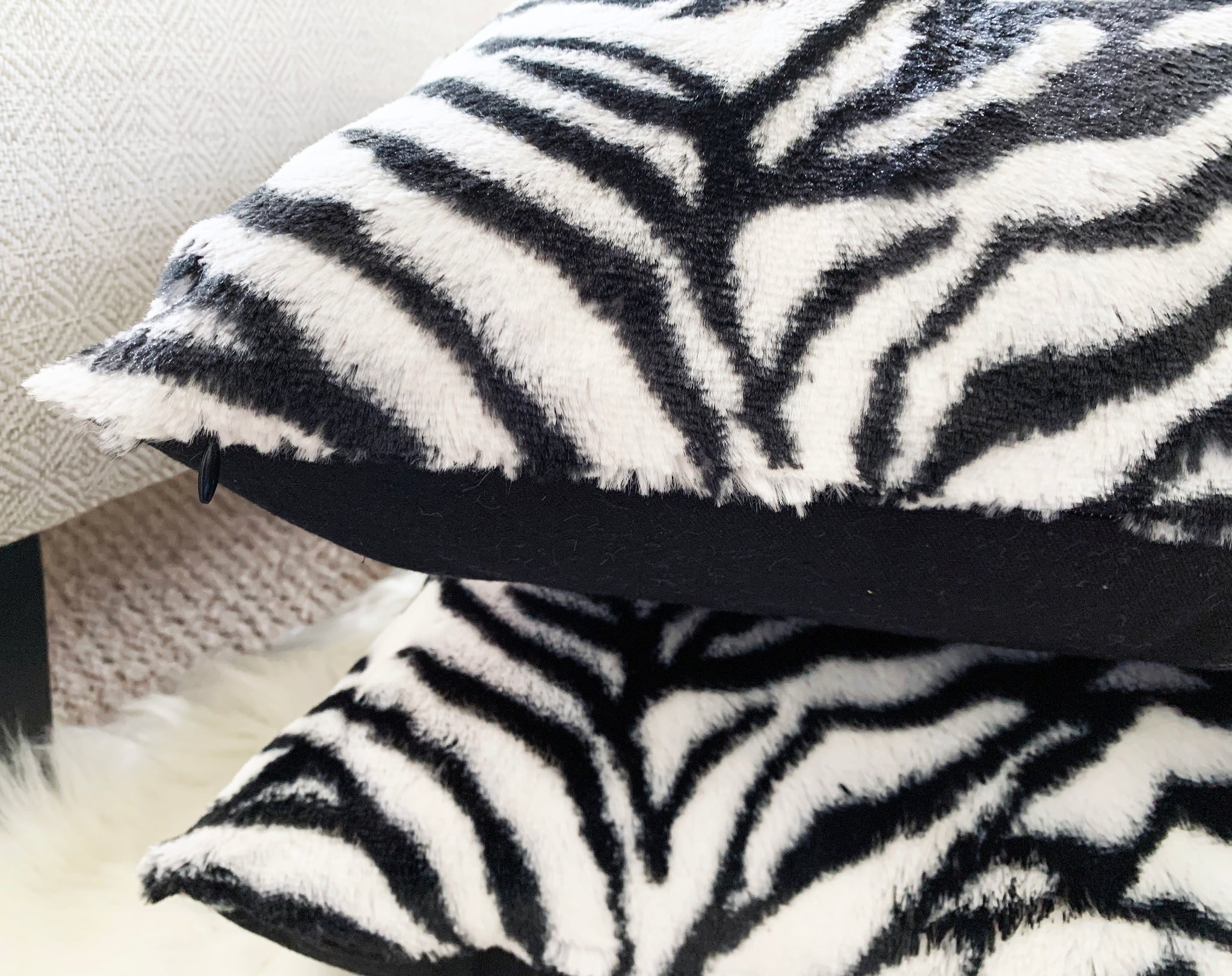 Zebra Faux Fur Throw Pillow with Sequence Bow (Set of 2)