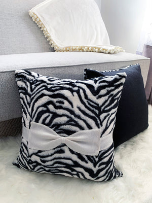 Zebra Faux Fur Throw Pillow with Sequence Bow (Set of 2)